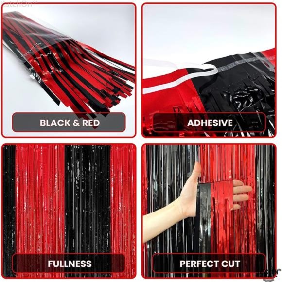 Red and Black Fringe Curtain, Pack of 2 - XtraLarge, 8x6.4 Feet | Red and Black - Picture 5 of 6